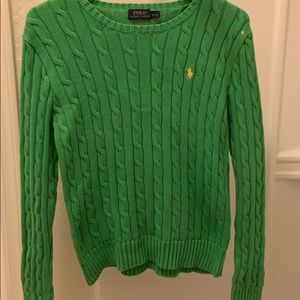 Polo long sleeved green cable knit cotton sweater
